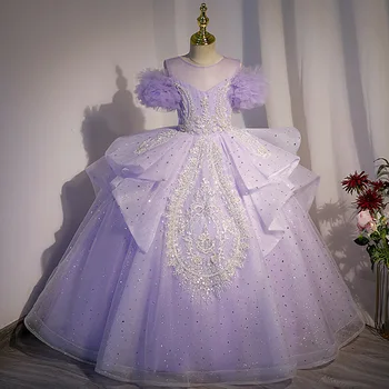 Lüks Çocuk Kız Glitter Mor Tül Prenses Elbise Pilili Çiçek Kapalı Omuz Performans balo kıyafetleri Kız Topu Bown