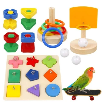 5 Adet Kuş Papağan Eğitim oyuncak seti Dahil Ahşap Blok Bulmaca Oyuncak Basketbol İstifleme Yüzük Kaykay Somun ve Cıvata Oyuncak
