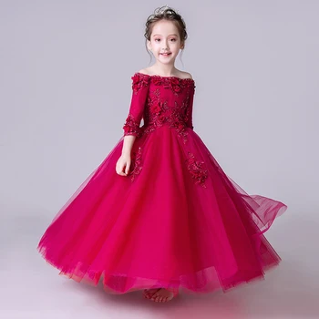 Glizt Çiçek Kırmızı tül çiçek Kız Elbise Düğün İçin Kız Resmi doğum günü partisi elbisesi Prenses Elbisesi Uzun İlk Communion Elbise