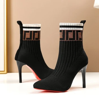 2024 Sonbahar Yeni Ayakkabı Moda Yüksek Topuklu yarım çizmeler Rahat Slip-on Seksi Çizmeler Ayakkabı Kadınlar için Örgü kısa çizmeler