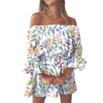 Boho Elbiseler Kadınlar için 2023 Yaz Seksi Kapalı Omuz Çiçek Baskı Parlama Kollu Tunik Elbise Kadınlar Casual Mini Sundress Vestido