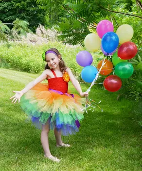 Kızlar Gökkuşağı Renk 3 Katmanlar Kek Tutu Elbiseler Bebek Tığ Tül Tutuş Sapanlar ve Çiçek Kafa Bandı Çocuklar doğum günü partisi elbisesi