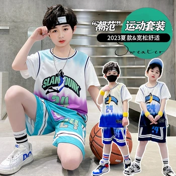 Genç Eşofman Erkek Basketbol Formaları Yaz Yürümeye Başlayan Çocuk T-Shirt + Şort 2 ADET Kıyafetler Çocuk spor takımları 120-170cm