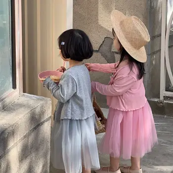 Kızlar İki Parçalı Bahar yaz elbisesi ve Hırka Katı Sling Sundress ve Jantlar Rahat Pamuk Dış Giyim Giyim Seti