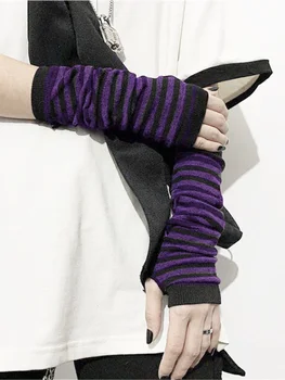 Kadın Y2k Eldiven Japon Kawaii Lolita Kol Kol Kız Kol Tığ Örgü Gotik Çizgili Parmaksız İsıtıcı Kış Eldiven