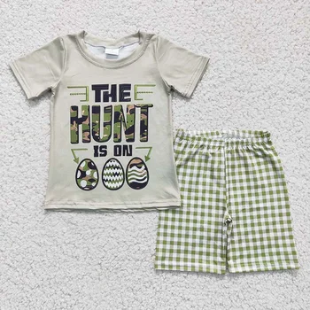 Çocuk Mutlu Paskalya Bahar Çocuk Seti Toddler Kıyafet Erkek Bebek Yeşil Camo Yumurta Gömlek Kısa Kollu Ekose Şort