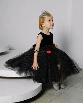Modern Siyah Çiçek Kız Elbise Doğum Günü Partisi Balo Elbise Kızlar için Çocuklar Pageant elbise Yay ile