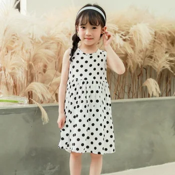 Çocuk Sevimli yaz giysileri Çocuklar Yaprak Polka Dot Baskı Kolsuz Kore Yuvarlak Boyun Prenses Tankı Elbise Kız 1-8 Yıl