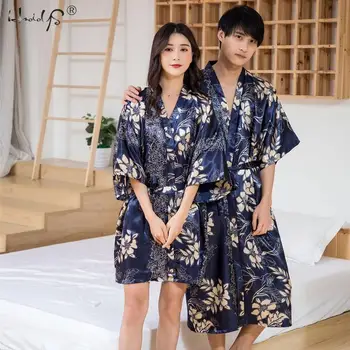 Çift Elbiseler Kadınlar / Erkekler Saten Kimono Elbiseler İpeksi Bornoz Parti Elbiseler Pijama Severler Çift Gecelik Banyo Elbisesi Erkek Kıyafeti