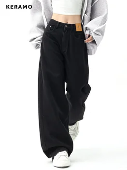 Siyah Baggy Düz kot Kadın Kore Moda Streetwear Yüksek Bel Geniş Bacak kot pantolon Kadın Gevşek Mop Jean Pantolon Y2K