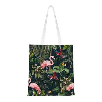 Özel Orman Desen Toucan Flamingo Ve Papağan Alışveriş keten çantalar Taşınabilir Bakkal Tropikal Kuş Tote alışveriş çantaları