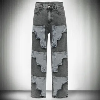 Geometrik Kontrast Dikiş Fermuarlar Erkek Kot İnce Jean Hombre Streetwear Kot Pantolon Erkek Giyim Rahat Pantalones Homme Jean