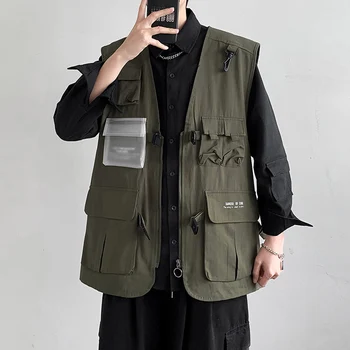 TFETTERS 2023 Ceketler Erkekler için Yaz Harajuku Çok Cep Düz Renk Moda Erkek Yelek Ceket Polyester Rahat Gevşek Yelek erkekler için