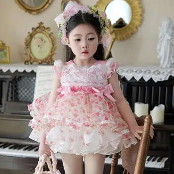 Yaz Yeni çocuk İspanyol Lolita Prenses Balo Yay Dantel Baskı Tasarım Doğum Günü Partisi Paskalya Bayram Kızlar Mini Elbise A2590