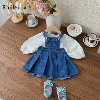 RiniLucia Sonbahar çocuk Seti Uzun Kollu Çiçek Gömlek Denim Elbise 2 parça Giysi Kız giyim seti Bebek Yürümeye Başlayan Giysi Yeni