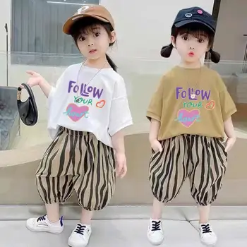 Kız Giyim Seti 2023 Yaz Çocuk Giyim kısa kollu tişört ve Pantolon 2 Adet Kız Çocuk Giysileri günlük giysi