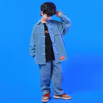 Çocuk Takım Elbise Kız Erkek Eşofman Streetwear Hip Hop Gevşek Denim Şerit Uzun Kollu Gömlek Kot Pantolon Setleri Çocuklar Dans Giyim