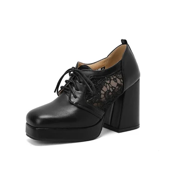 QPLYXCO Zapatos De Mujer 2022 Roma Pompaları Deri Siyah Kadın Ayakkabı Platformu Topuklu Moda Dantel-up Parti Elbise Artı Boyutu 22-8
