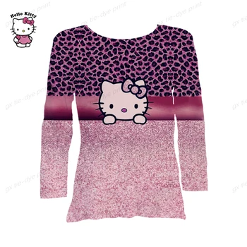 2023 İlkbahar ve Sonbahar Uzun Kollu Hello Kitty T-Shirt kadın Yuvarlak Boyun T-Shirt Bohem Tarzı T-Shirt Rahat bol tişört