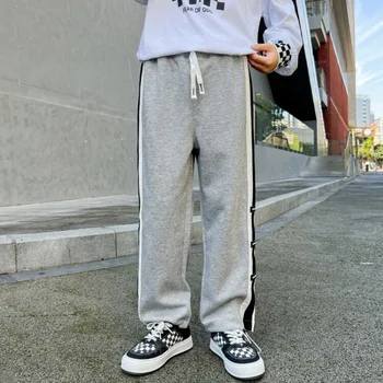 Çocuk Erkek Giysileri Bahar Yeni Moda Sweatpants Streetwear Gevşek Şerit Patchwork Pantolon Gençler için Elastik Bel Pantolon 4-14 Y