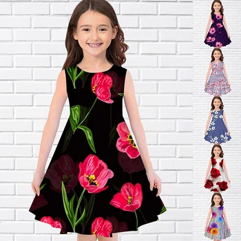 Çeşitli Çiçek Desen 3D Baskı Yaz Kolsuz Trend Kız Elbise Rahat Yuvarlak Boyun Uzun Elbiseler Moda Kız Elbise Bayram İçin