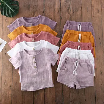 Yürüyor Çocuk Bebek Erkek Yaz günlük kıyafetler Setleri Katı kısa kollu tişört Üstleri ve Pantolon Kıyafet 2 Adet Set