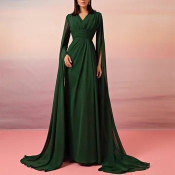 Zarif Uzun Yeşil V Yaka Abiye Pelerin Kılıf Pilili فساتين سهرة Sweep Tren balo kıyafetleri Kadınlar için