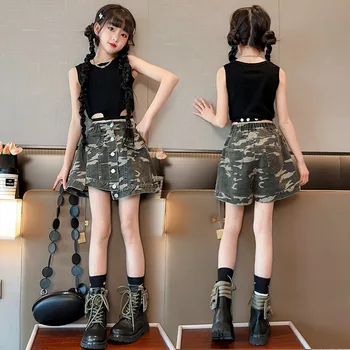 Kız Elbise Moda Streetwear Seti Yaz Kolsuz Mahsul Kazak + Kamuflaj Kot Şort 2 adet Rahat Genç Giyim 4-14Yrs
