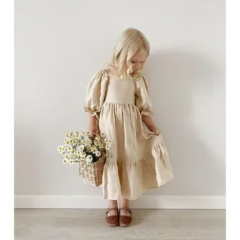Çocuk Giyim Kız Elbise 2023 Yaz Pamuk ve Keten Geri Ayar Kabarcık Kollu Prenses Tatlı Basit Elbise Kızlar için