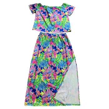 Toptan Bayan Retro Çiçek Elbiseler A-line Straplez Bölünmüş Uzun Elbise 2 Parça Setleri