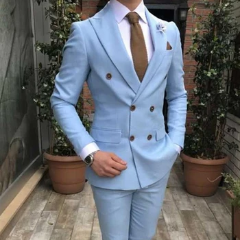 Slim fit Kruvaze Takım Elbise Erkekler için 2 Parça Açık Mavi Düğün Smokin Damat için 2023 Doruğa Yaka Özel Erkek Moda Kostüm