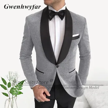 G & N 2023 Yeni Damat Glitter Düğün Smokin 2 Parça Setleri Gümüş Blazer Parlak Siyah Yaka Slim Fit Pantolon Moda Erkek Takım Elbise