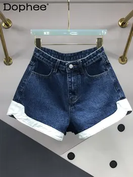 2023 Yaz Tüm Maç Yüksek Bel Zayıflama Mavi Kot Şort Kadın Kore Kontrast Renk A-Line Geniş Bacak Şort Kot Sıcak Pantolon