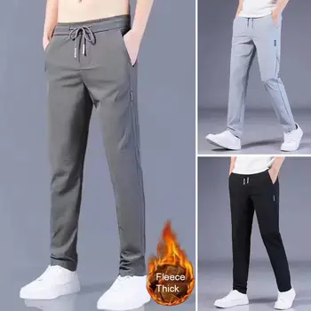 Erkek Pantolon Kalınlaşmak Katı Renk Elastik Bel Koşu Pantolon Erkek Peluş Astar Kış Orta Bel Pantolon Sweatpants Streetwear