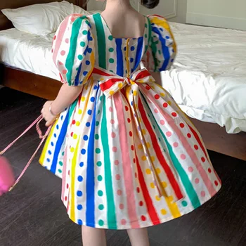 2023 Yeni Yaz Puf Kollu Renkli Çizgili Prenses Elbise Kız Giysileri İçin Çocuk Giysileri 3-7 Yıl