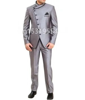 Son Tasarım Gümüş Gri Erkek Smokin Takım Elbise Damat Resmi Takım Elbise Düğün Mandarin Yaka Blazer terno (Ceket+Pantolon)