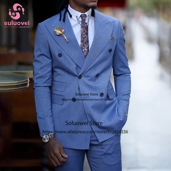 Moda Afrika Damat Düğün Smokin Slim Fit 2 Parça Kruvaze Ceket pantolon seti Resmi Blazer Doruğa Yaka Takım Elbise erkekler İçin