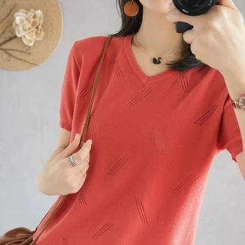 Yaz Yeni Stil Pamuk Örme Kısa Kollu V Yaka pamuklu tişört İçi Boş Gevşek Yarım Kollu Hedging Örme kadın Bluz