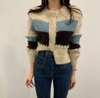 2022 Yeni Sonbahar Kazak Kore Tarzı Renk Dikiş Kalınlaşmış yuvarlak Boyun Uzun Kollu Örme Hırka pardösü kadın Giyim