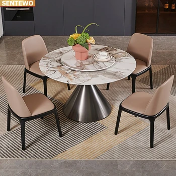 Tasarımcı Lüks yuvarlak yemek Mermer Kaya Döşeme yemek masası seti 6 sandalye tavolo mobilya meuble marbre Paslanmaz çelik altın taban