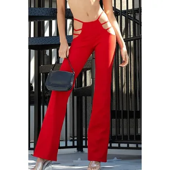 Kadın Harajuku Yüksek Bel İnce Bandaj düz pantolon Cut Out Flare Pantolon Klasik Orta Bel Düz Renk Streç Alt Pantolon