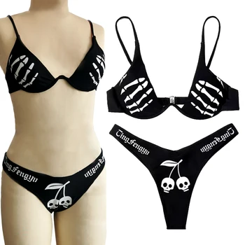 2023 Goth Bikini setleri Kadınlar için Yaz Siyah Parmak Üst Kafatası Tanga Mayo Y2K Seksi Üçgen Yüksek Belli Bikini Plaj Kıyafeti