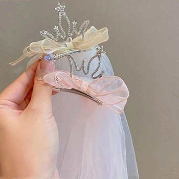 Kız Yay Saç Tokası Prenses Taç İplik Peçe Süper Peri Prenses Peçe 3D Taç Üst Klip Pelerin Peçe Saç Tokası Aksesuarları