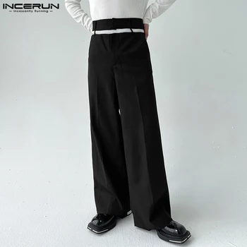 INCERUN 2023 Kore Tarzı Yeni Erkek Pantolon Delikli Çift bel Geniş bacak Pantolon Casual Streetwear Sarkık Pantolon S-5XL