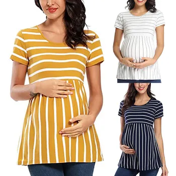 Annelik Şerit Üst T-shirt Kadın Gebelik Kısa Kollu T-Shirt Tees Hamile Yumuşak Nefes Bayanlar Yaz Kadın Ropa