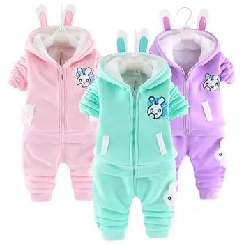 Yürümeye başlayan Bebek Giysileri 2022 Sonbahar Kış Çocuk Kız Tavşan Kapşonlu Kalınlaşmış Kaşmir Ceket + Pantolon 2 adet Kıyafet Çocuk Giyim Takım Elbise