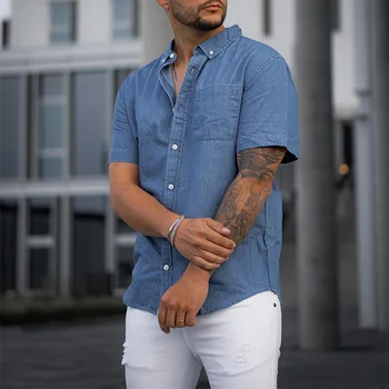 Erkek düz renk İmitasyon Denim Gömlek kısa kollu tişört rahat bol tişört
