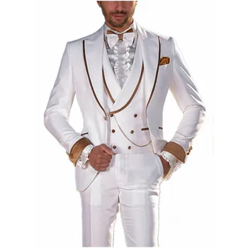 Son Renkli Erkek Romantik Plaj Düğün Beyaz Smokin Takım Elbise Kruvaze Yelek Tepe Yaka Balo Elbise Giymek Akşam Yemeği İçin