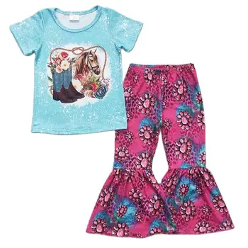 Toptan Toddler Batı At Botları Kıyafet Bebek Kız Mavi Kısa Kollu Gömlek Tee Çan Alt Pantolon Çocuk Çocuk Butik Seti