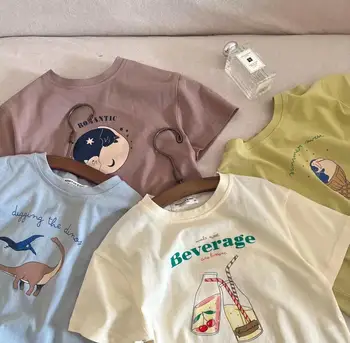 Çocuk Saf Pamuk Kısa Kollu Üstleri 2023 Yeni Karikatür Baskı Kazak Gömlek Çocuklar Yaz Moda Rahat Spor Gevşek Ekip Boyun Tees